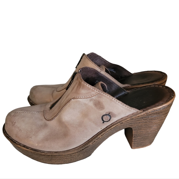 Born Shoes - Born Haledon Pewter Brown Leather Mule Clog Shoe Woodgrain US 10 Med EU 42